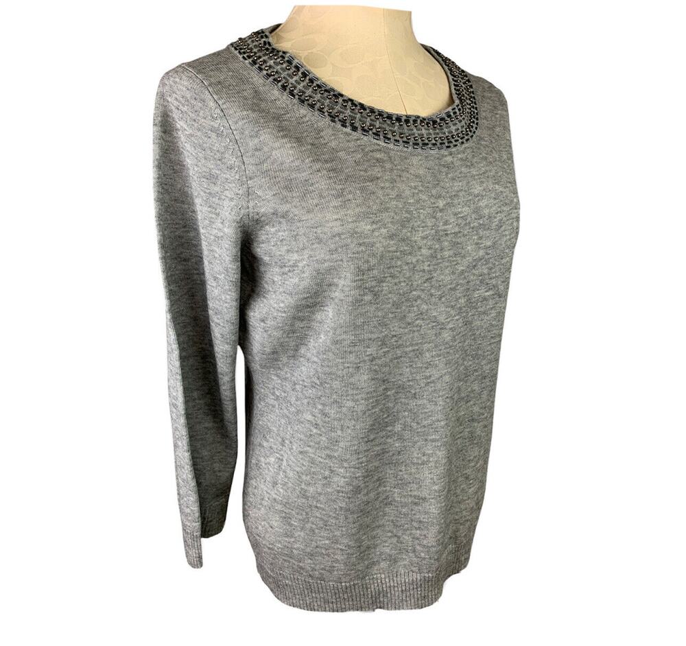 Large Banana Republic Women's Gray Beaded Neckline Wool Blend Sweater